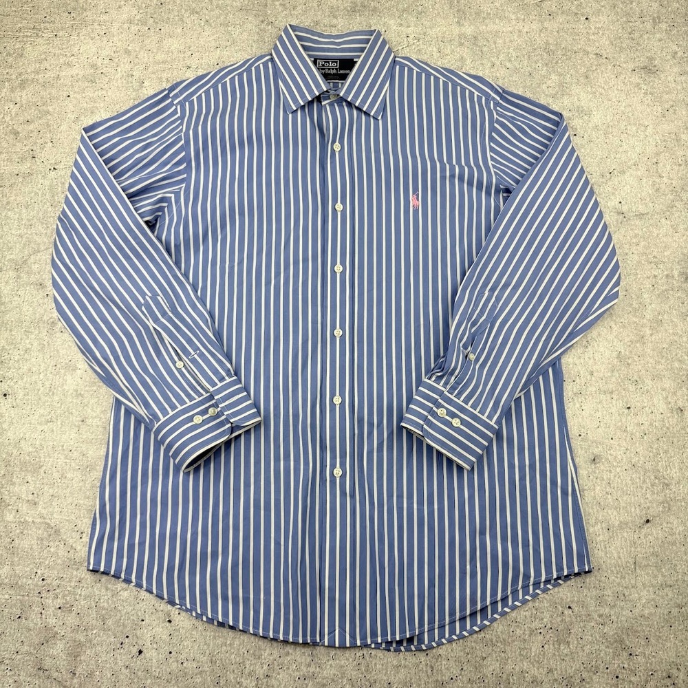 Vintage Polo Ralph Lauren Curham Button Up Blue White Stripes Mens 16.5 32/33